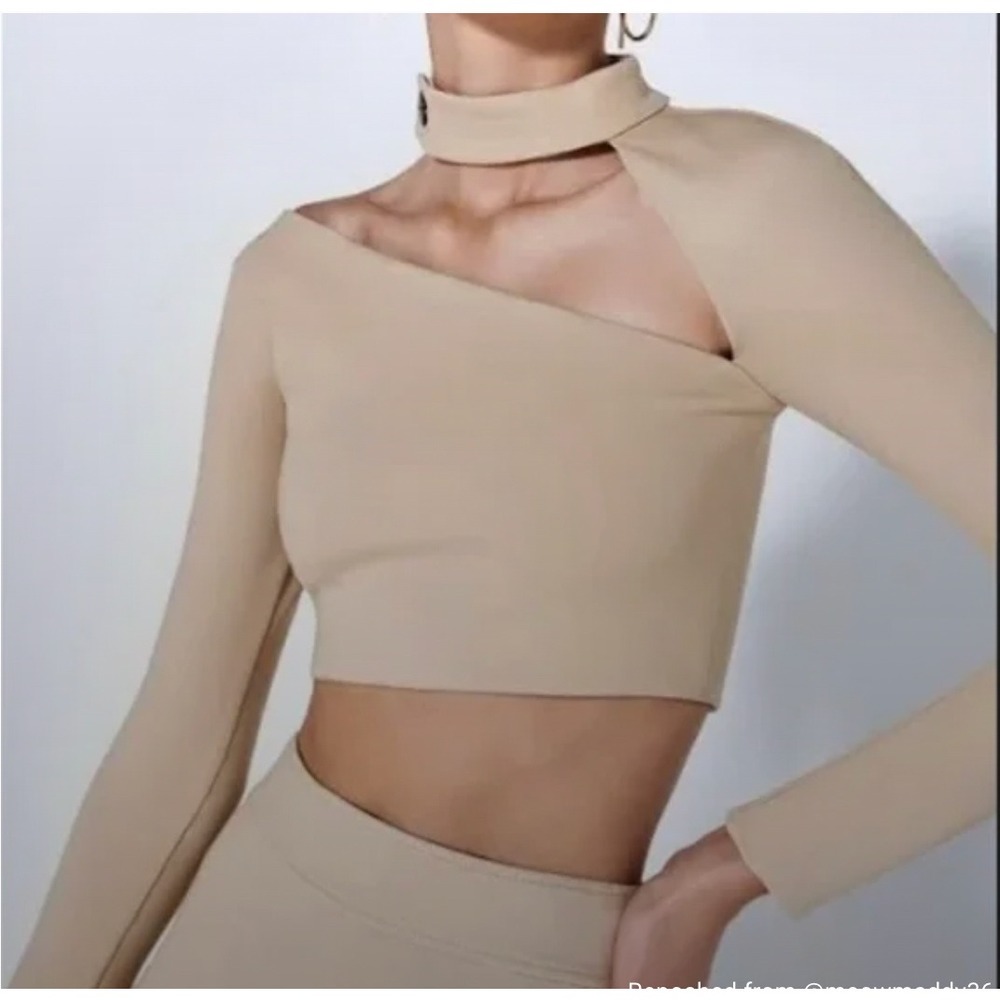 Alexis Camryn Top Beige Long Sleeve Structured Blouse Cropped Modern Cut‎ Size S